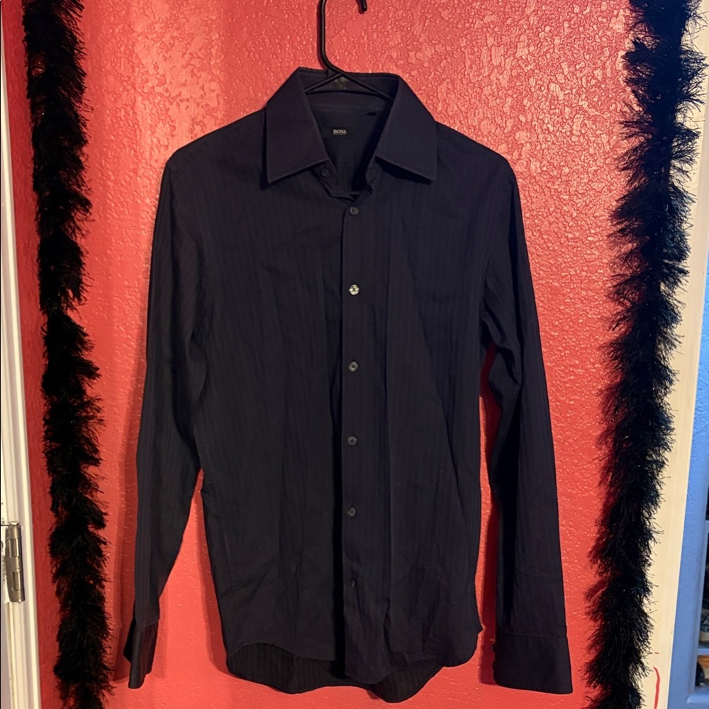 Hugo Boss Dark Navy Blue & Black Striped Men's Dress Shirt